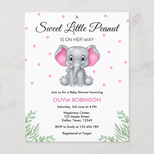 Flyer Convite para Chá de fraldas de Elefante Rosa de Or (Frente)