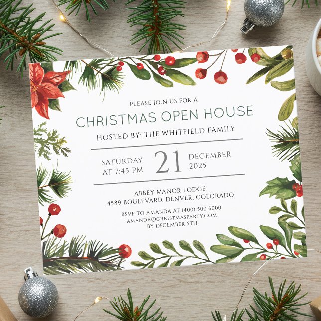 Flyer Convite para Férias de Natal Botânicas de Orçament (Elegant Christmas Holiday Open House Invitation)