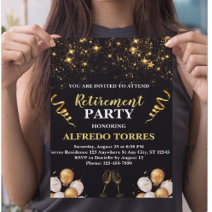 Flyer Convite para Festa de Aposentadoria Preto e Dourad