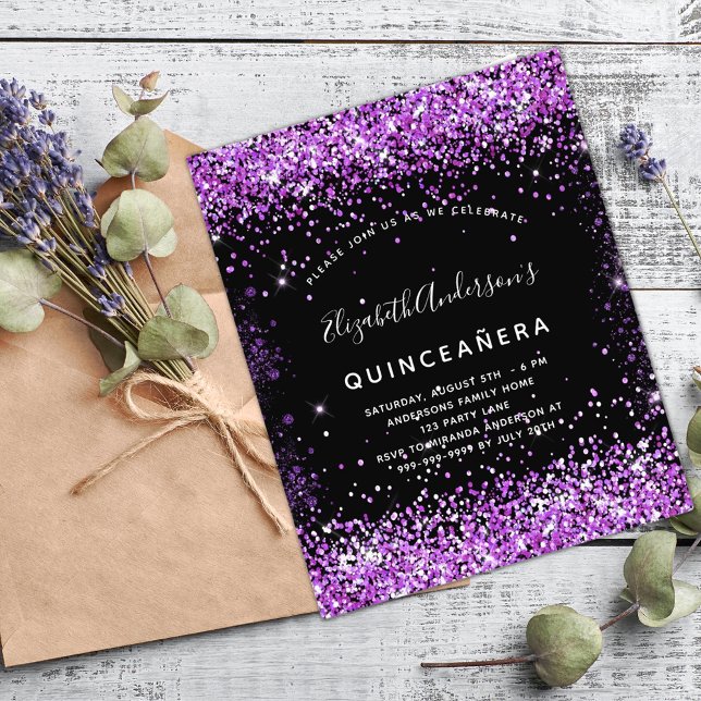 Flyer Convite para orçamento de cinceanera preto-roxo (Criador carregado)