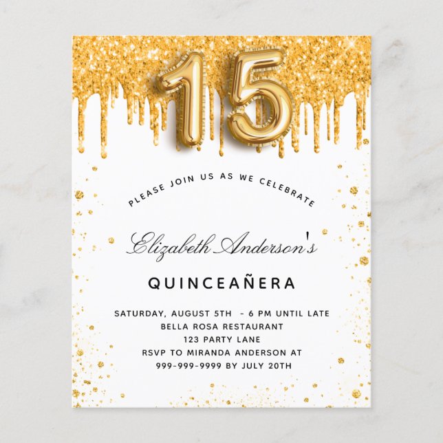 Flyer Convite para orçamento de ouro branco Quinceanera (Frente)