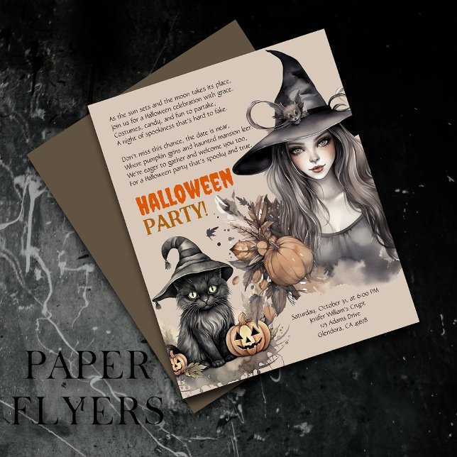Flyer Convite para Poem do Festa de Gato Negro de Bruxas (Inexpensive and ideal Halloween invitations, perfect for inviting guests to your party.)