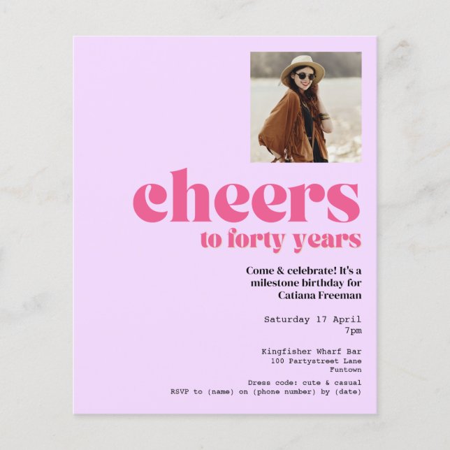 Flyer Convite, Roxo e Rosa Retro, Aniversário de 40 anos (Frente)