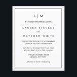 Flyer Convite Simples de Casamento de Orçamento Preto e<br><div class="desc">Simples folheto de convite para casamento com um design moderno, mas elegante, com suas duas letras de monograma no topo e seus detalhes cercados por uma fina fronteira. Todo o texto está preto sobre um fundo branco. As fontes e as cores de fundo podem ser alteradas para qualquer cor desejada...</div>