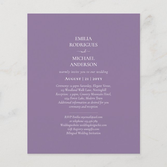 Flyer Convite Simples Para Casamento Roxo Bilíngue De Or (Frente)