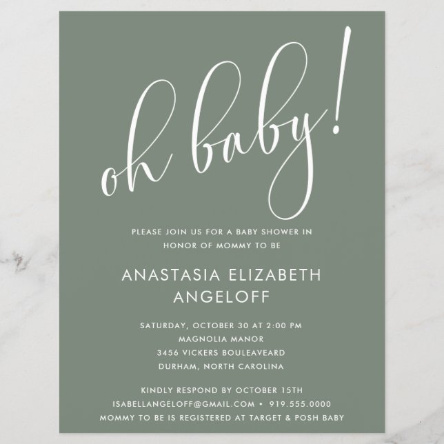 Flyer Convite Verde de Sage do Chá de fraldas Modern Scr (Frente)