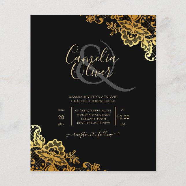 Flyer Convites de Casamento Black Gold Lace (Frente)