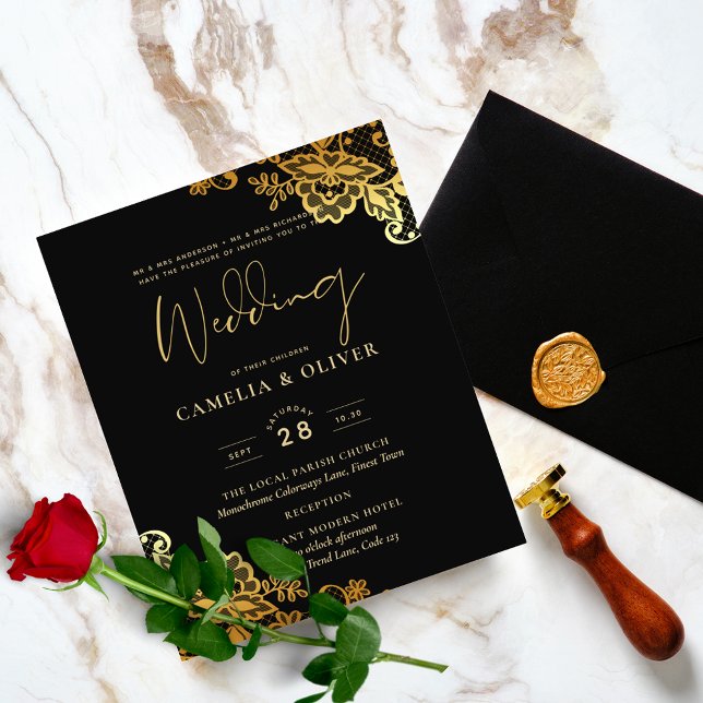 Flyer Convites de Casamento Black Gold Lace (Criador carregado)