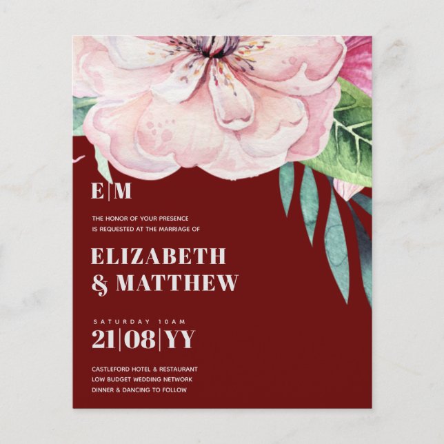 Flyer Convites de Casamento de Orçamento Baixo Flores Co (Frente)