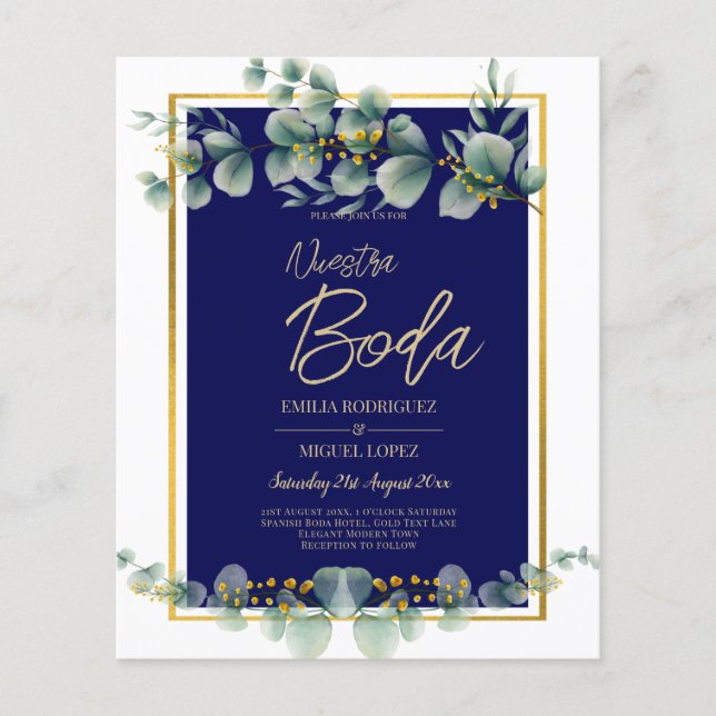Flyer Convites de Casamento Elegantes Azul Marinho Doura (Frente)