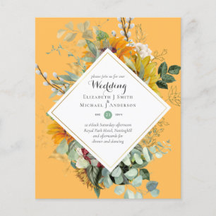 Flyer Convites de Casamento Florais Azul Borgonha ECONOM