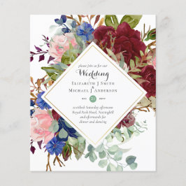 Flyer Convites de Casamento Florais Azul Marinho Borgonh