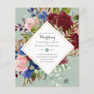 Flyer Convites de Casamento Florais Azul Marinho Borgonh