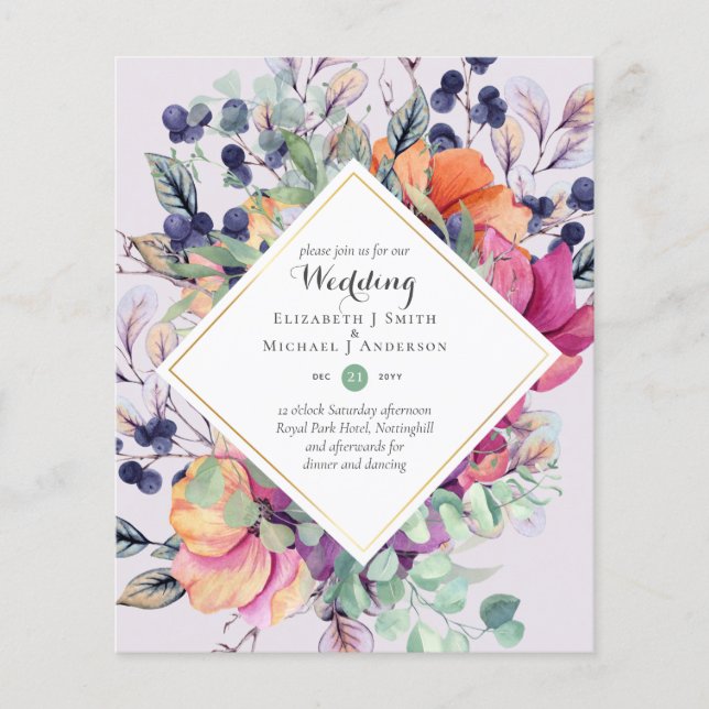 Flyer Convites de Casamento Florais Laranja Roxo BUDGET (Frente)