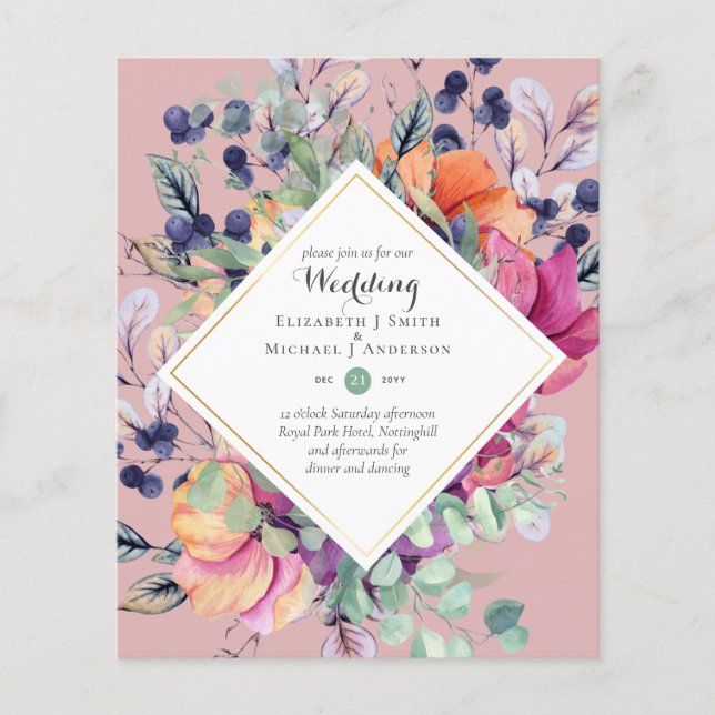 Flyer Convites de Casamento Florais Laranja Roxo BUDGET (Frente)