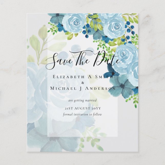 FLYER CONVITES DE CASAMENTO FLORES AZUIS DESBOTADAS - OR (Frente)