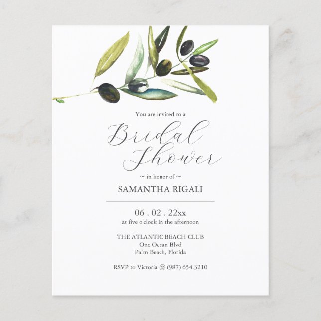 Flyer Convites de chá de panela Orçamentários Azeitona (Frente)