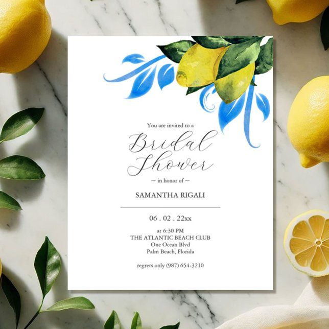 Flyer Convites de chá de panela Orçamentários Limão de A (budget bridal shower invitations watercolor lemons by Victoria Grigaliunas of Do Tell A Belle)