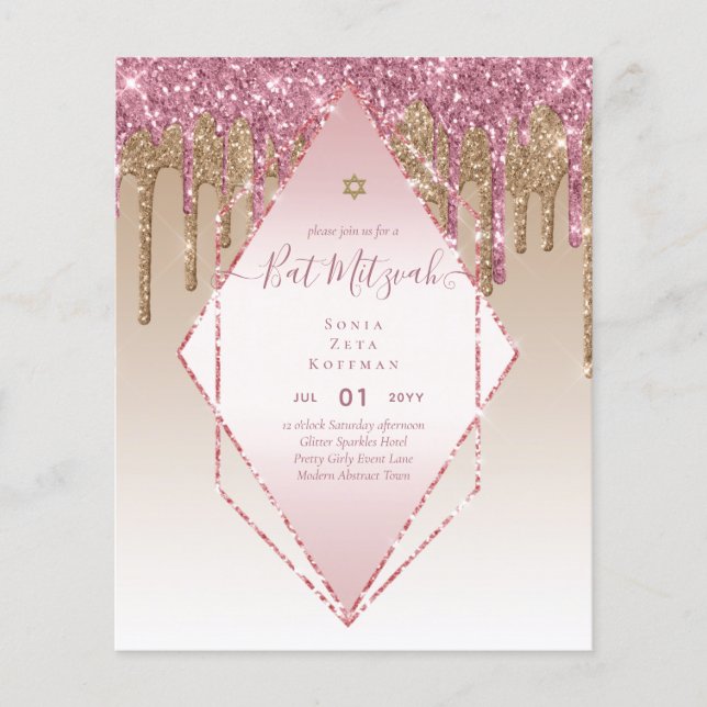 Flyer Convites Glamourosos de BAT MITZVÁH Brilho Moderni (Frente)