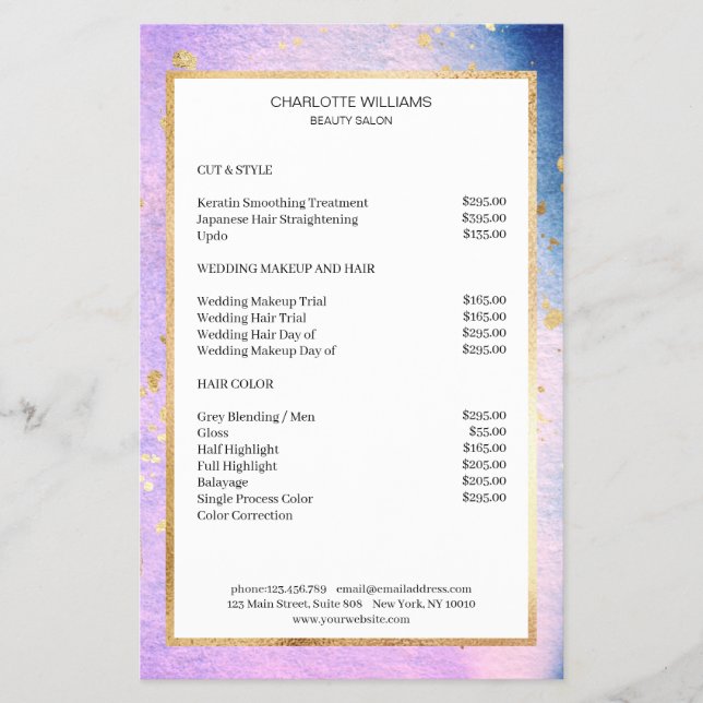 Flyer Cor d'água moderna - azul rosa Dourado (Frente)