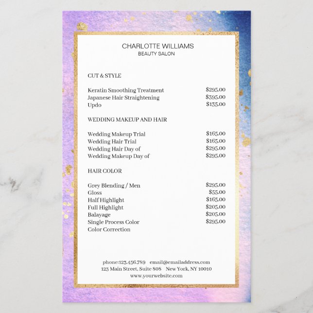 Flyer Cor d'água moderna - azul rosa Dourado (Frente)