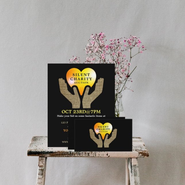 Flyer Coração em Mãos, Evento Silencioso de Leilão de Ca (Criador carregado)