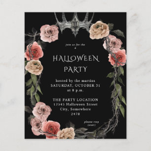 Flyer Coroa de Halloween Econômica Rosa Preto Floral Fes