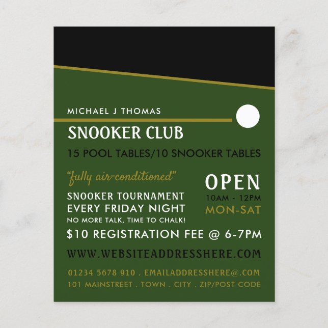 Flyer Cue Ball, Clube de Piscinas, Publicidade do Snooke (Frente)