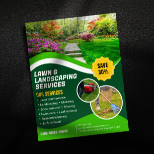 Flyer Cuidado profissional com gramado verde, paisagismo