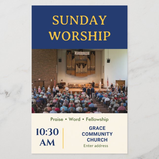 Flyer Culto de Domingo da Igreja Moderna Azul Real e Dou (Frente)