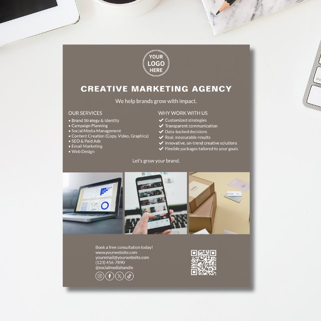 Flyer Custom Logo Photo QR Taupe Marketing Business (Custom Logo Photo QR Taupe Marketing Business Flyer)