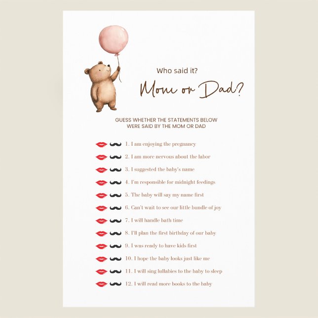Flyer Cute Bear "Mom or Dad?" Baby Shower Game (Criador carregado)