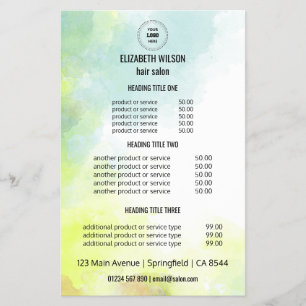 Flyer de Menu de Serviço do Salão de Cabelo Aquare