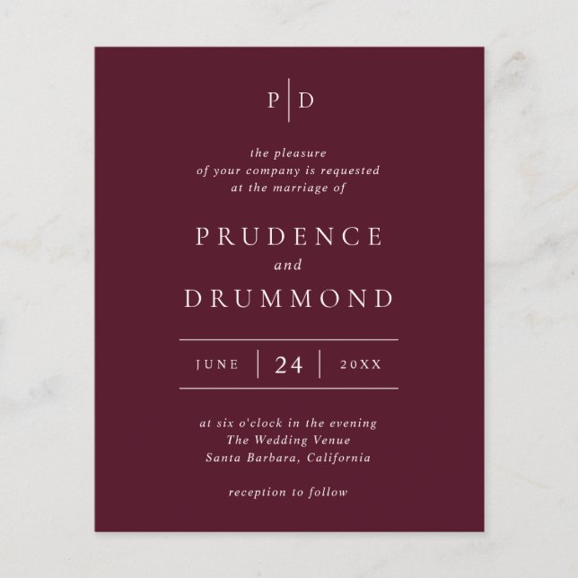 Flyer Deep Burgundy Classic Budget Wedding Invitation (Frente)