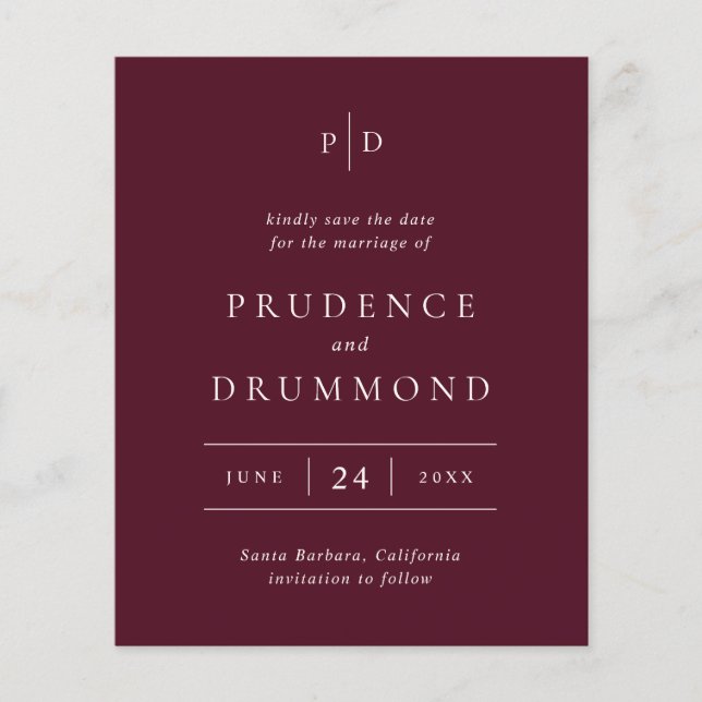 Flyer Deep Burgundy Classic Budget Wedding Save the Date (Frente)