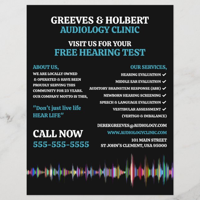 Flyer Design de Ondas Sonoras, Audiologista, Clínica Aud (Frente)