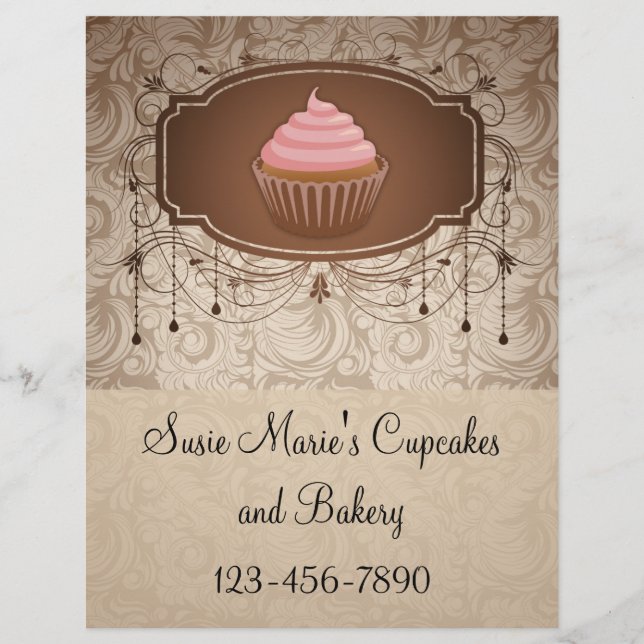 Flyer Design do Cupcake Elegante Glamor Mocha Damask (Frente)