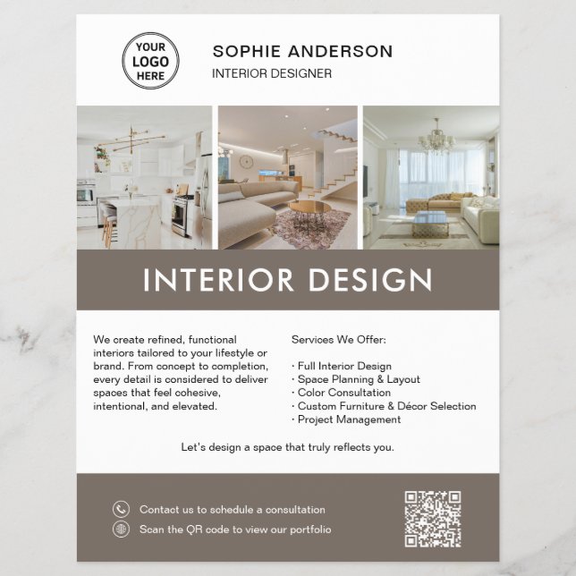 Flyer Designer de Interiores Moderno Marketing Branco Ta (Frente)