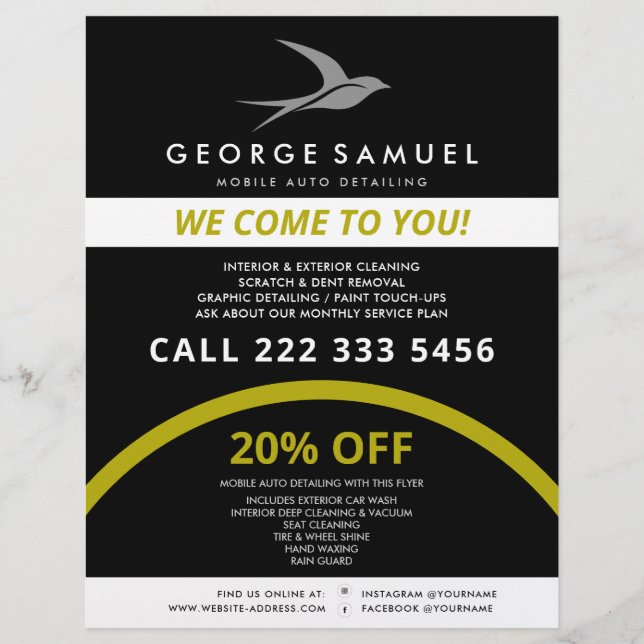 Flyer Detalhamento Automático | Logotipo de pássaro voad (Frente)