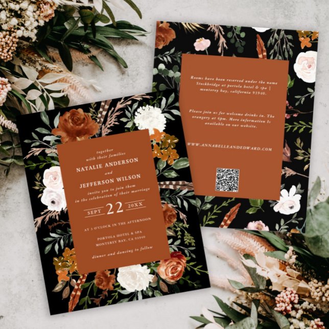 Flyer Detalhes do casamento floral de terracotta preto n (Criador carregado)