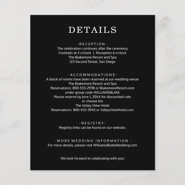 Flyer Detalhes do Casamento Preto e Branco no Orçamento (Frente)