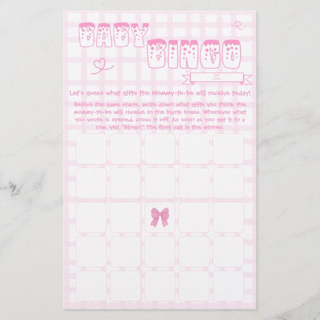 Flyer do Jogo de Bingo de Bebê Xadrez Rosa Pastel  (Frente)