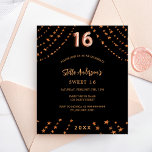 Flyer Doce 16 estrelas rosa de ouro negras convite orçam<br><div class="desc">Por favor, note que este convite está no papel de folheto e é muito fino. Os envelopes não estão incluídos. Para convites mais espessos (mesmo design) visite nossa loja. Para uma elegante festa de aniversário 16, 16. Um fundo negro. Decorado com estrelas rosa douradas. Personalize e adicione um nome, detalhes...</div>