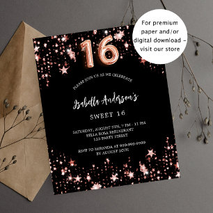 Flyer Doce 16 estrelas rosa de ouro negras convite orçam