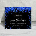Flyer Doce 16 orçamento azul real preto, salvar a data<br><div class="desc">Observe que esta opção Save the date (Salvar a data) está no papel do folheto e muito fina. Os envelopes não estão incluídos. Para salvar o cartão Data (mesmo design) mais espesso, visite nossa loja. Um fundo preto decorado com confete azul real. Personalize e adicione uma data e nome/idade. O...</div>