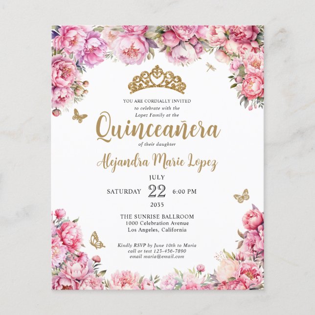 Flyer Dourada, cor-de-rosa barato, Tiara Quinceañera (Frente)