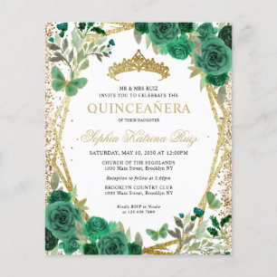 Flyer Dourada Floral Barata Tiara Quinceañera Convite