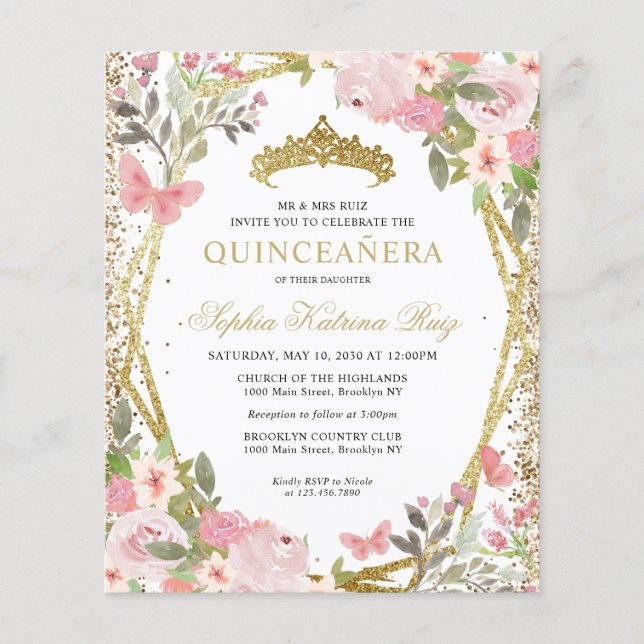 Flyer Dourada Tiara Quinceañera, Blush Floral Barato, Co (Frente)