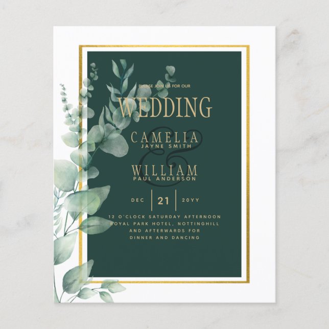 Flyer Dourado Convite de Casamento Verde Botânico Emeral (Frente)