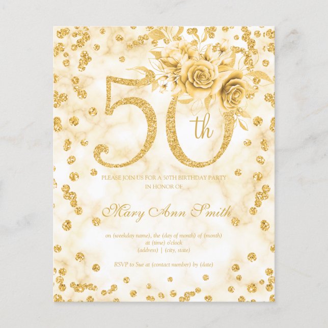 Flyer Dourado Floral 50º Aniversário Convite para Mármor (Frente)